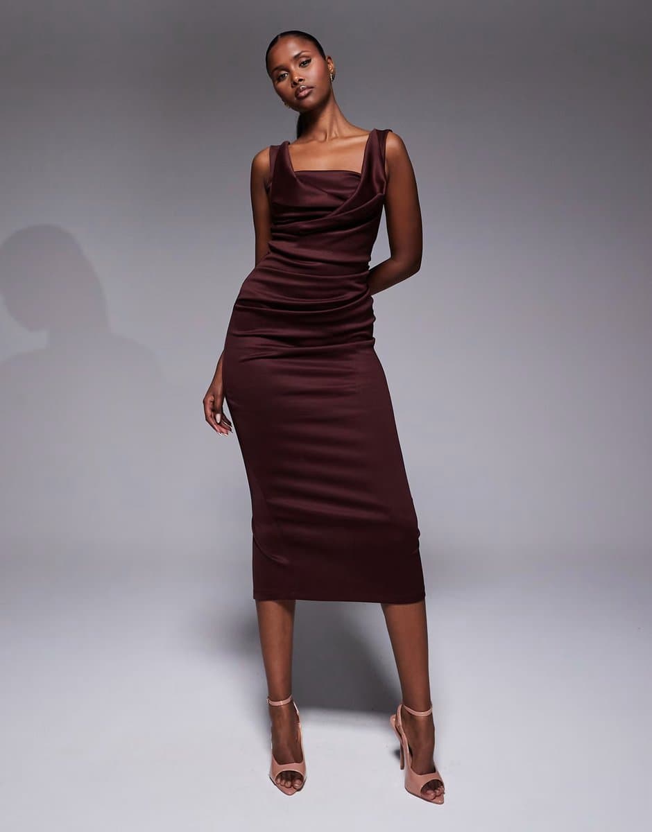 ASOS ASOS DESIGN square neck pleat bust midi pencil dress in chocolate