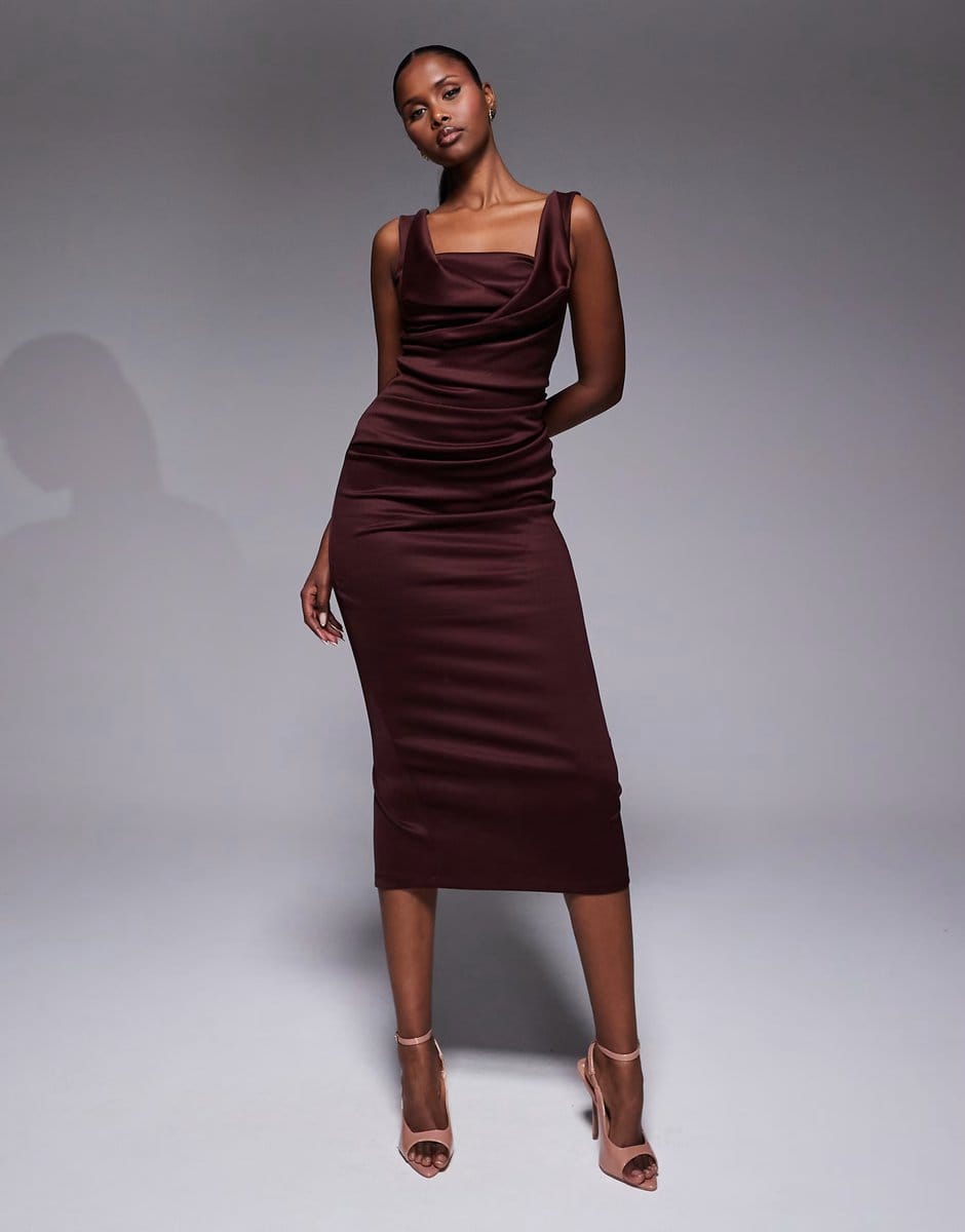 ASOS ASOS DESIGN square neck pleat bust midi pencil dress in chocolate - 2
