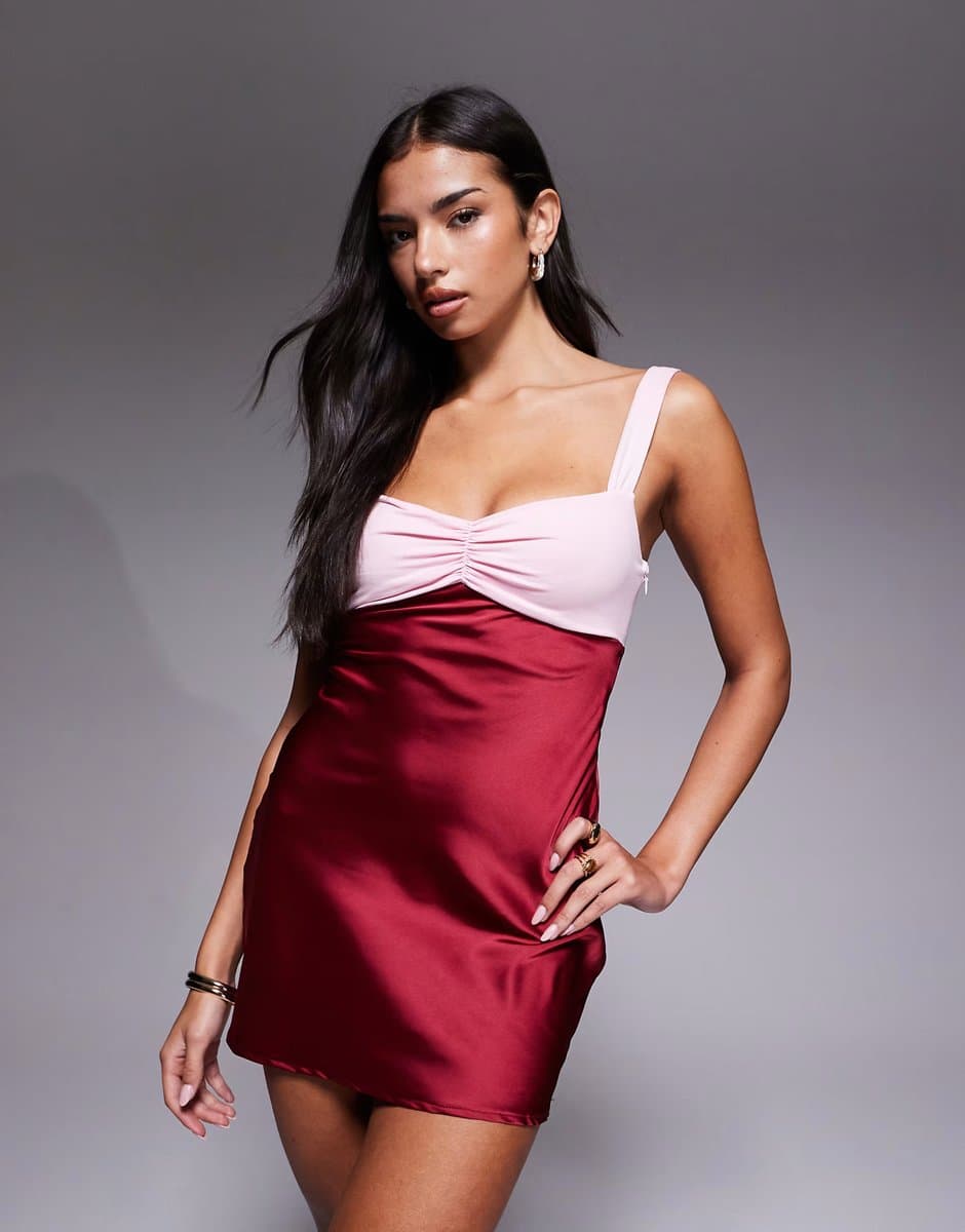 ASOS Edikted contrast satin effect mini dress in burgundy