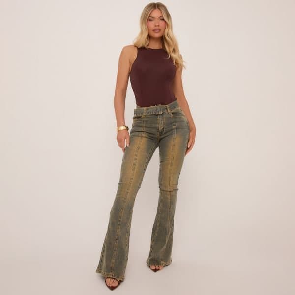 EGO EGO Mid Rise Eyelet Belt Detail Flared Jeans in Vintage Dark Wash
