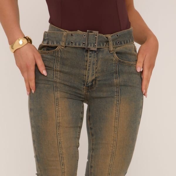 EGO Mid Rise Eyelet Belt Detail Flared Jeans In Vintage Dark Wash Denim, Women's Size UK 6 - 2