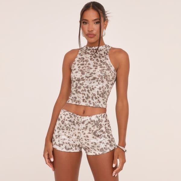 EGO EGO High Neck Racer Crop Top in Leopard Print Sequin
