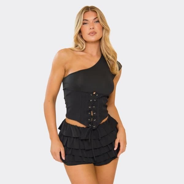 EGO One Shoulder Lace Up Front Corset Top In Black, Women's Size UK 6