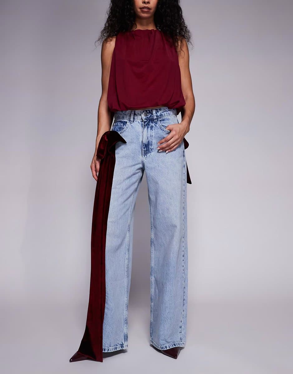 ASOS ASOS LUXE wide leg jeans with 3D velvet bow detail in light blue