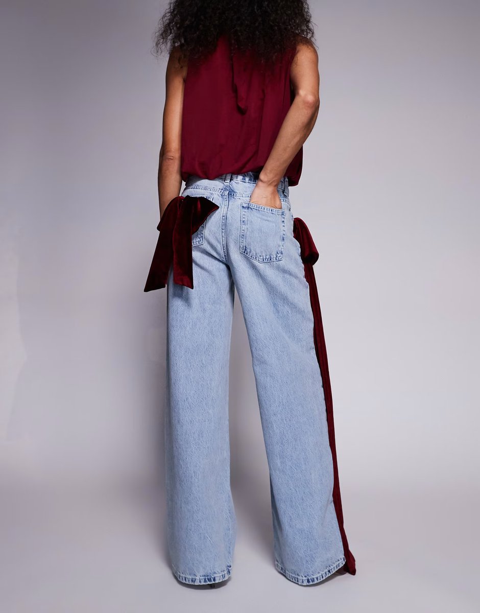 ASOS ASOS LUXE wide leg jeans with 3D velvet bow detail in light blue - 3