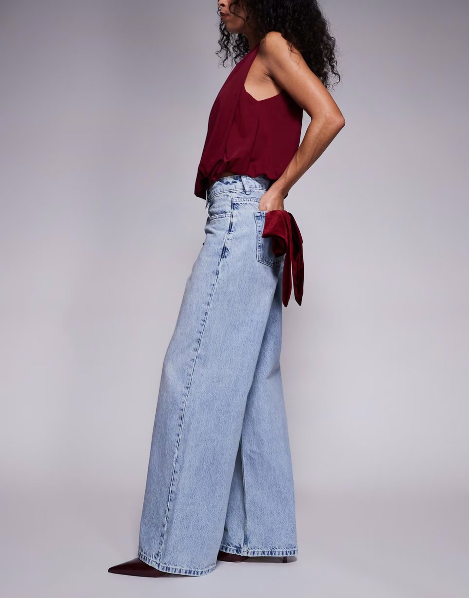 ASOS ASOS LUXE wide leg jeans with 3D velvet bow detail in light blue - 4