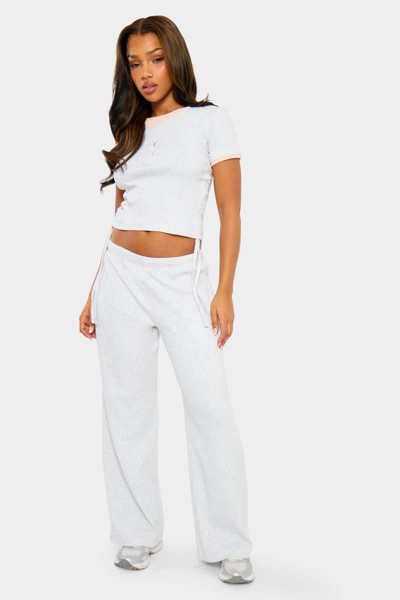 Kaiia Kaiia Ribbed Wide Leg Trousers in Light Grey Marl and Pink