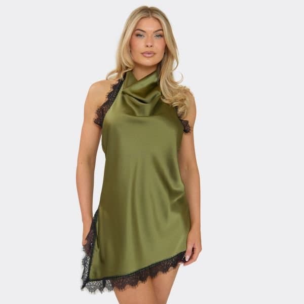 EGO Cowl High Neck Lace Trim Asymmetric Hem Detail Mini Dress In Khaki Green Satin, Women's Size UK 6