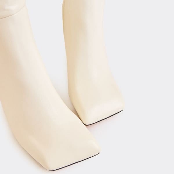EGO Monica Square Toe Detail Knee High Boot Heeled Boot In White Faux Leather, Women's Size UK 3 - 2