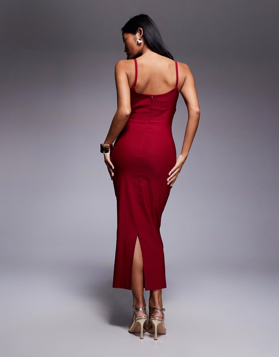 ASOS Vesper Petite bengaline cami ruched bust midaxi dress in wine - 3