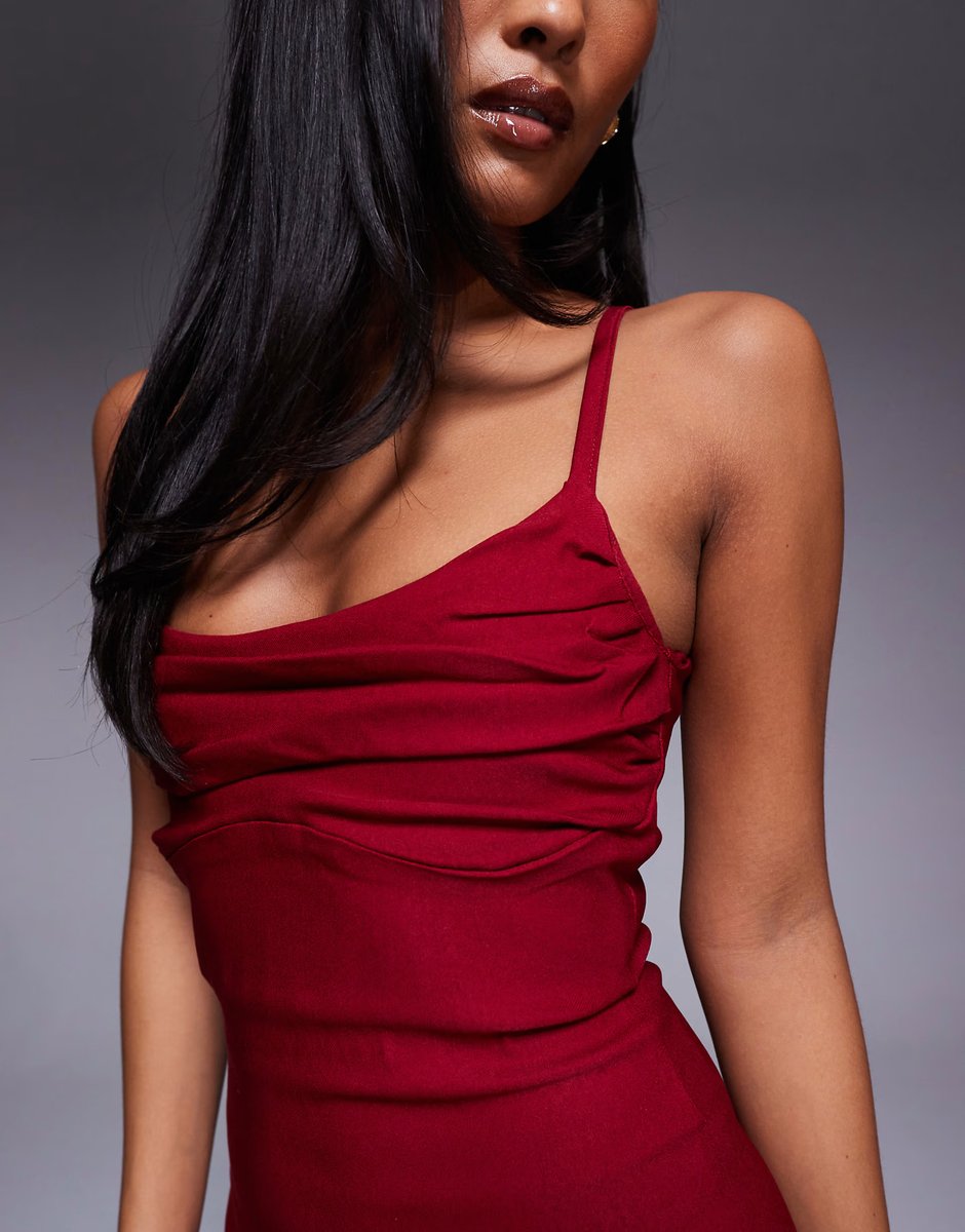 ASOS Vesper Petite bengaline cami ruched bust midaxi dress in wine - 4