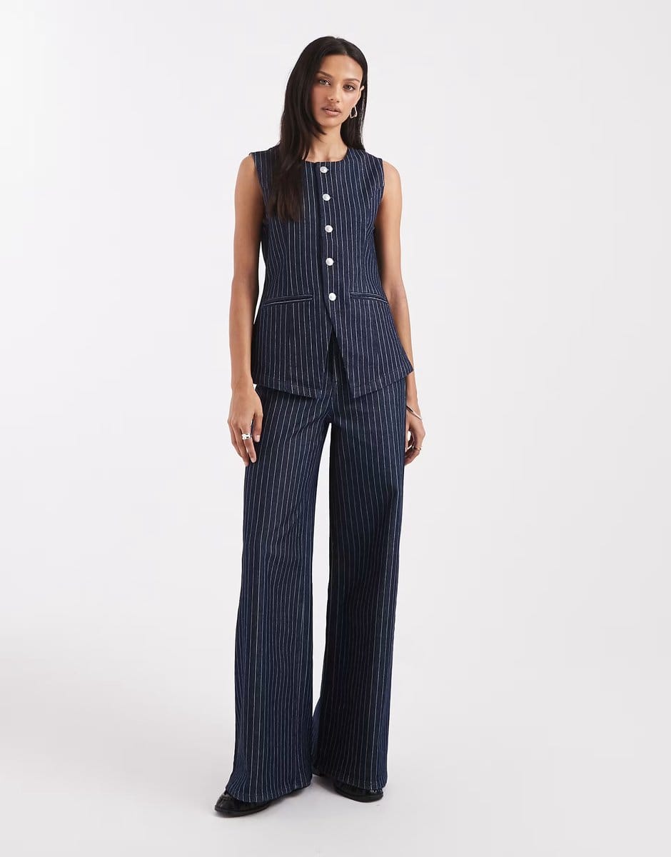 ASOS Pieces longline denim waistcoat and wide leg jeans set in dark blue pinstripe - 1