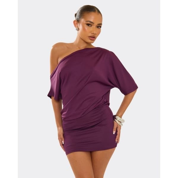 EGO Slash Neck Short Sleeve Mini Dress In Plum, Women's Size UK Large L - 2