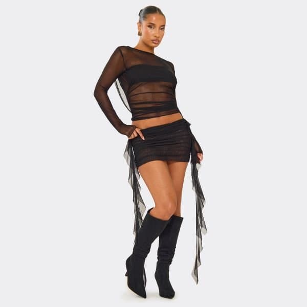 EGO Low Waist Frill Detail Mini Skirt In Black Mesh, Women's Size UK 6
