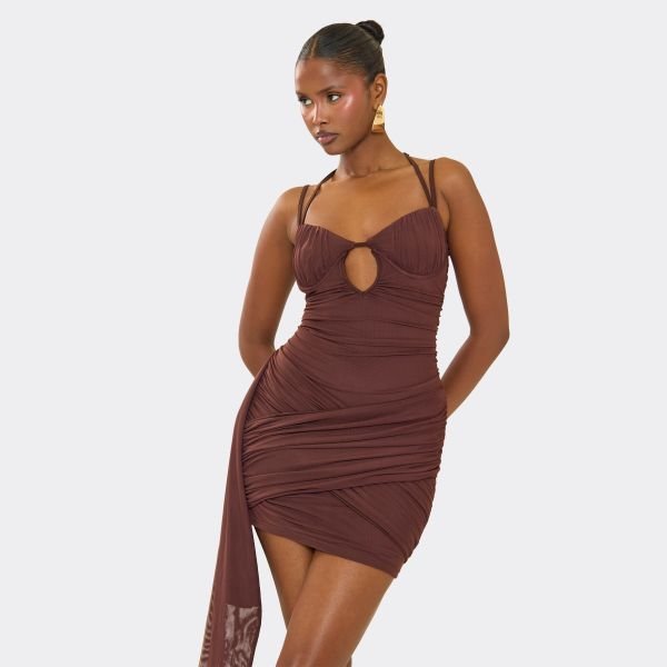 EGO Cut Out Strappy Underwired Detail Drape Front Mini Dress In Brown, Women's Size UK 6 - 1