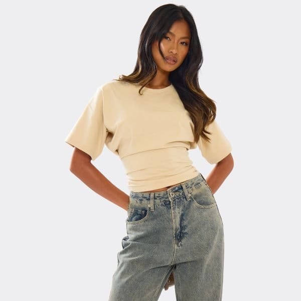 EGO Short Sleeve Cinched Waist Fitted T-Shirt In Stone, Women's Size UK 4 - 1