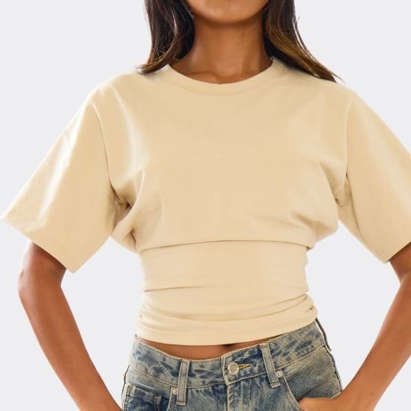 EGO Short Sleeve Cinched Waist Fitted T-Shirt In Stone, Women's Size UK 4 - 2