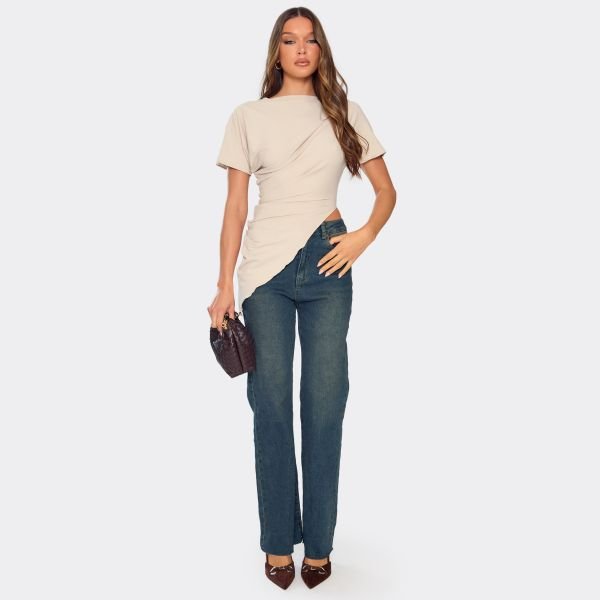 EGO Short Sleeve Asymmetric Side Drape Detail Top In Stone, Women's Size UK 6 - 2