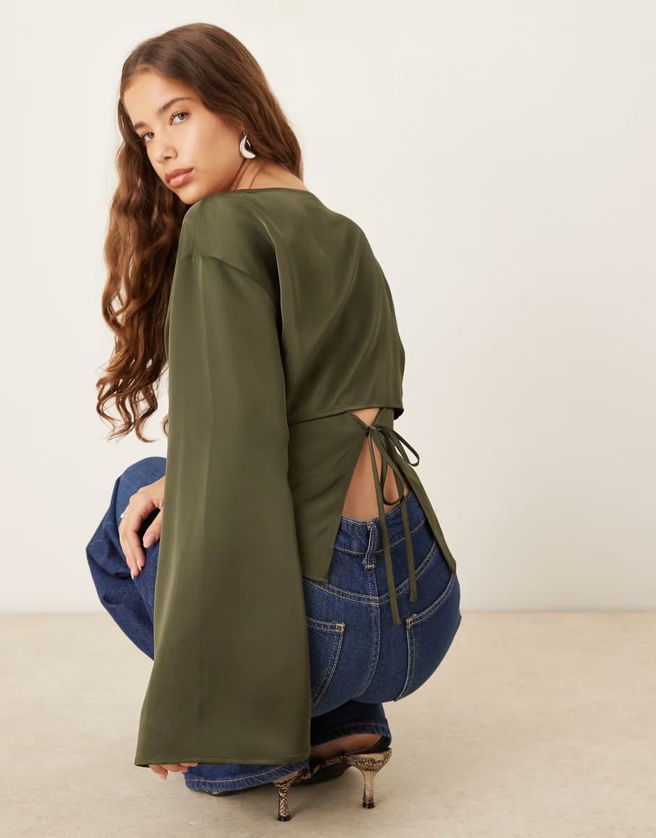 ASOS ASOS Gina Tricot Satin Open Back Blouse in Khaki