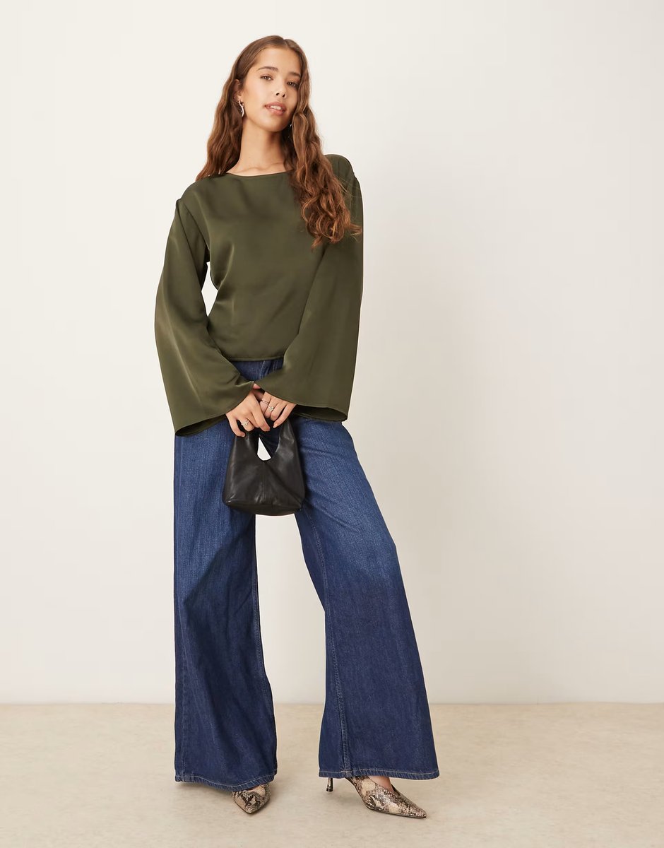 ASOS Gina Tricot satin open back blouse in khaki - 2