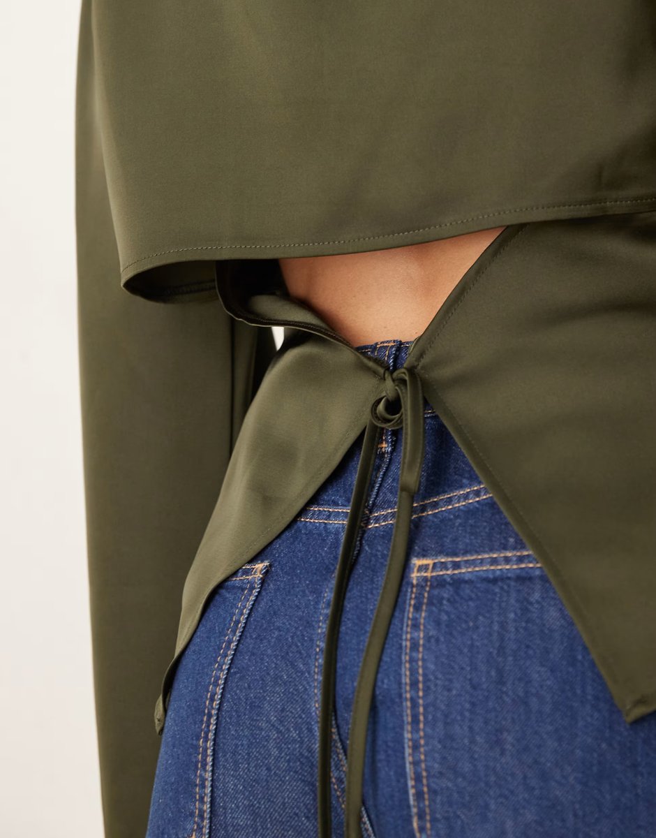 ASOS Gina Tricot satin open back blouse in khaki - 3