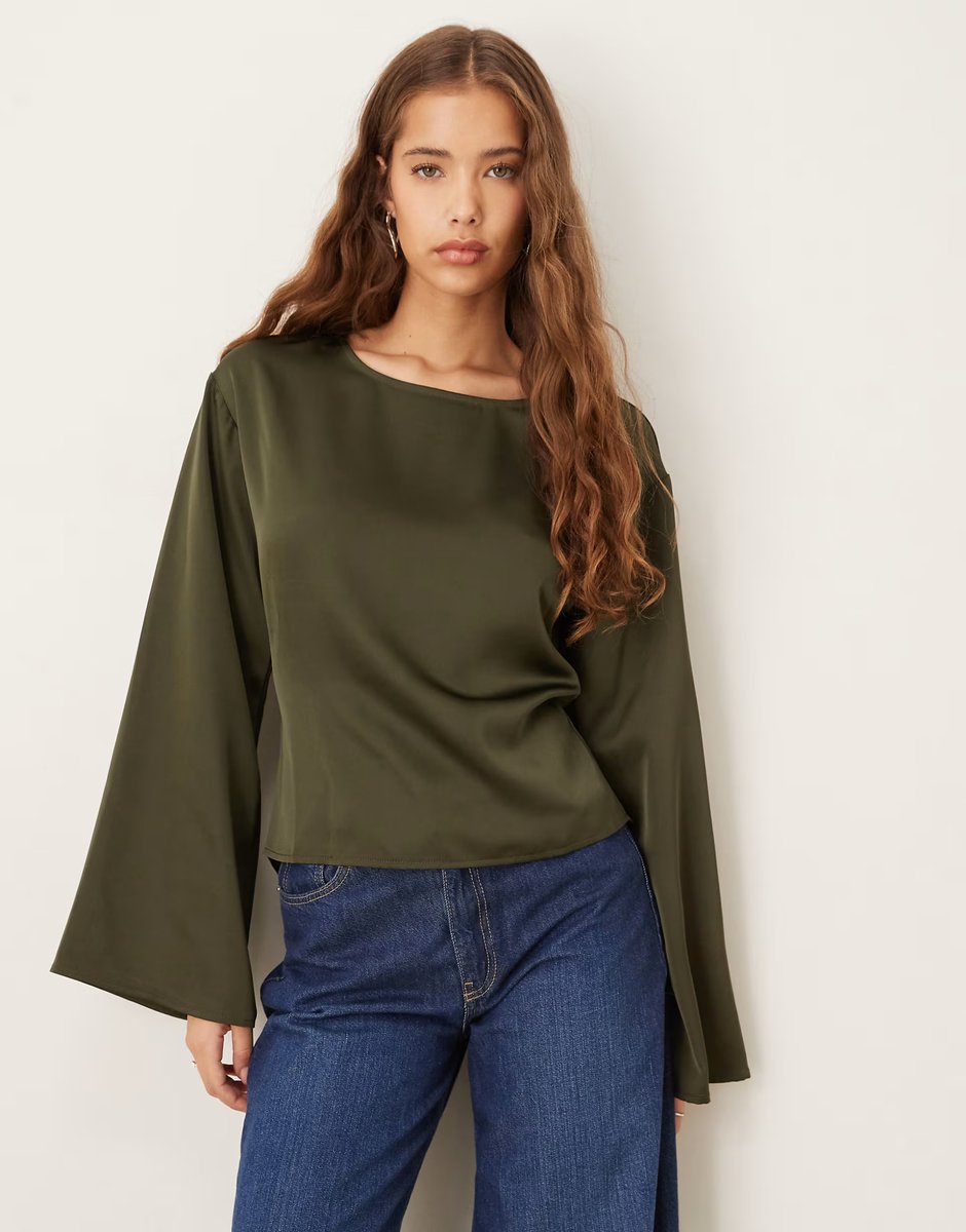 ASOS Gina Tricot satin open back blouse in khaki - 4