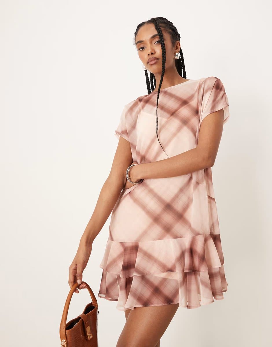 ASOS ASOS DESIGN sleeveless smock ruffle mini in pink check