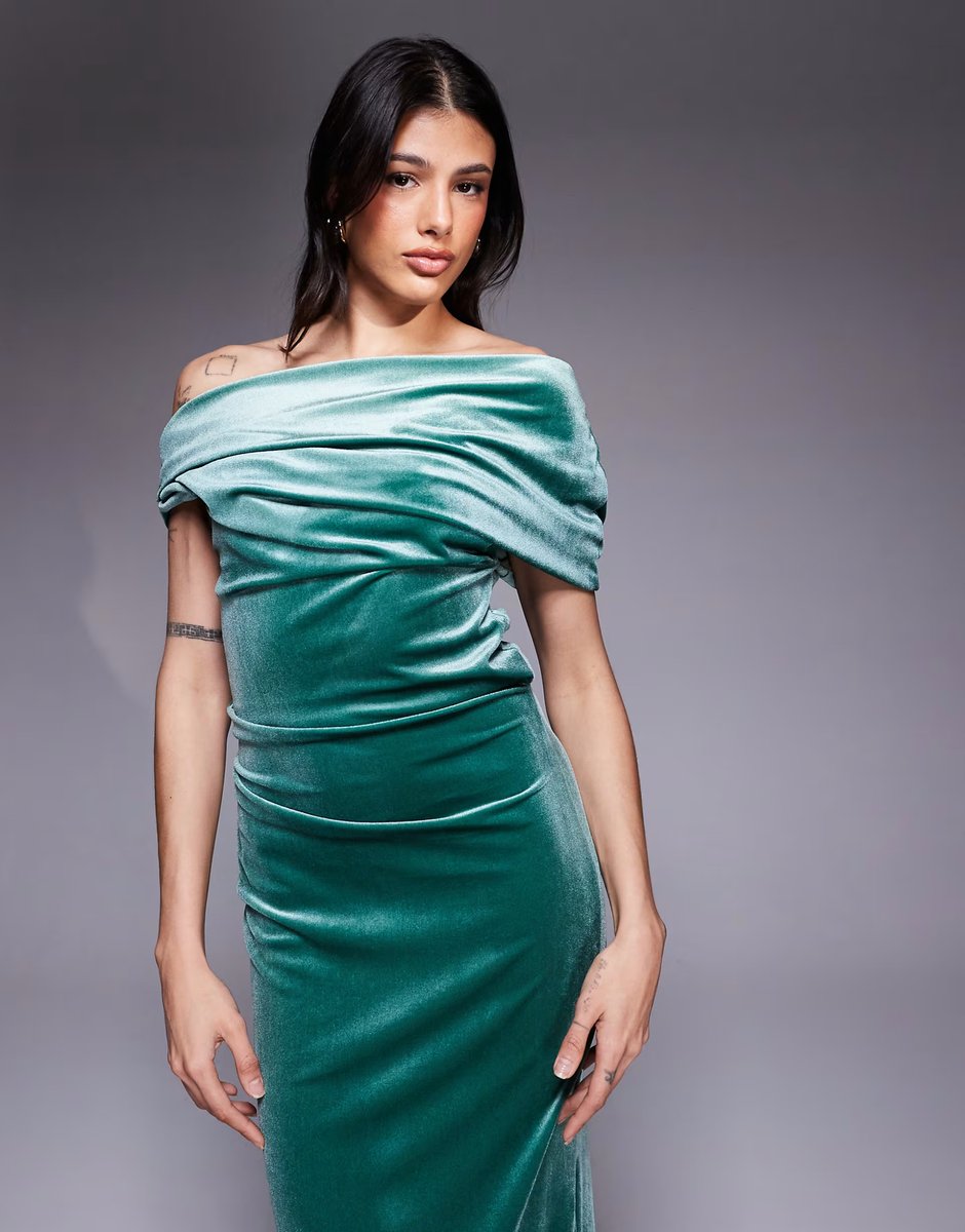 ASOS ASOS DESIGN Tall velvet midi dress with fallen shoulder in teal - 3