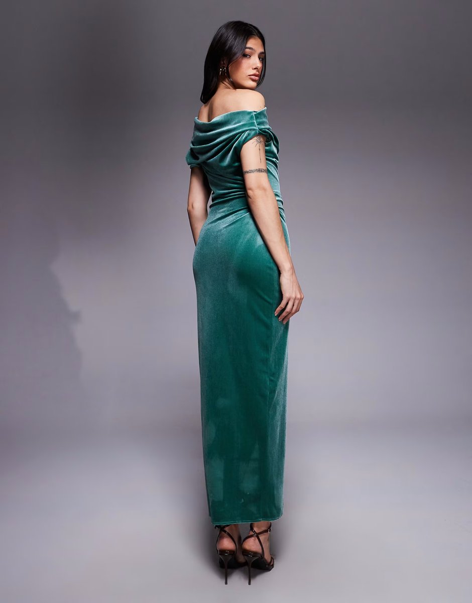 ASOS ASOS DESIGN Tall velvet midi dress with fallen shoulder in teal - 4