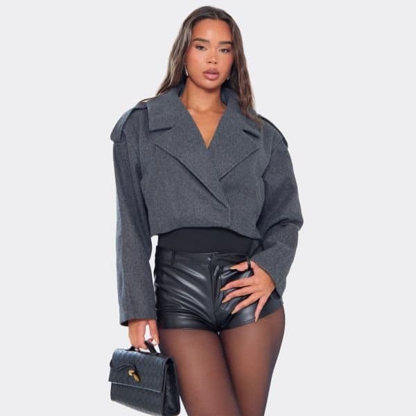 EGO Cropped Trench Jacket In Grey Wool, Women's Size UK 8