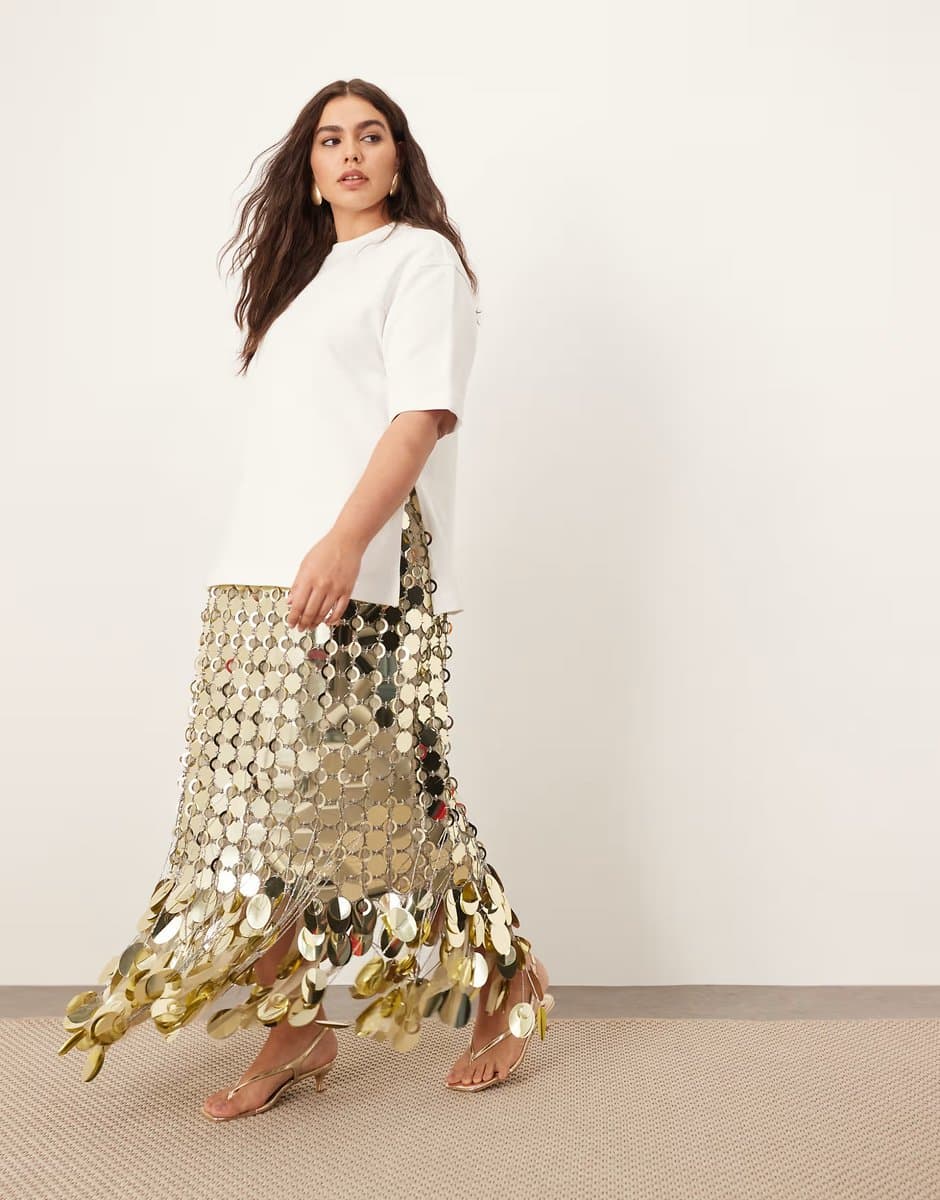 ASOS ARRANGE Curve futurist sequin embellished fringe hem midi skirt in gold