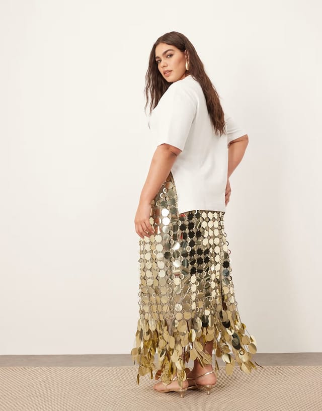 ASOS ARRANGE Curve futurist sequin embellished fringe hem midi skirt in gold - 3