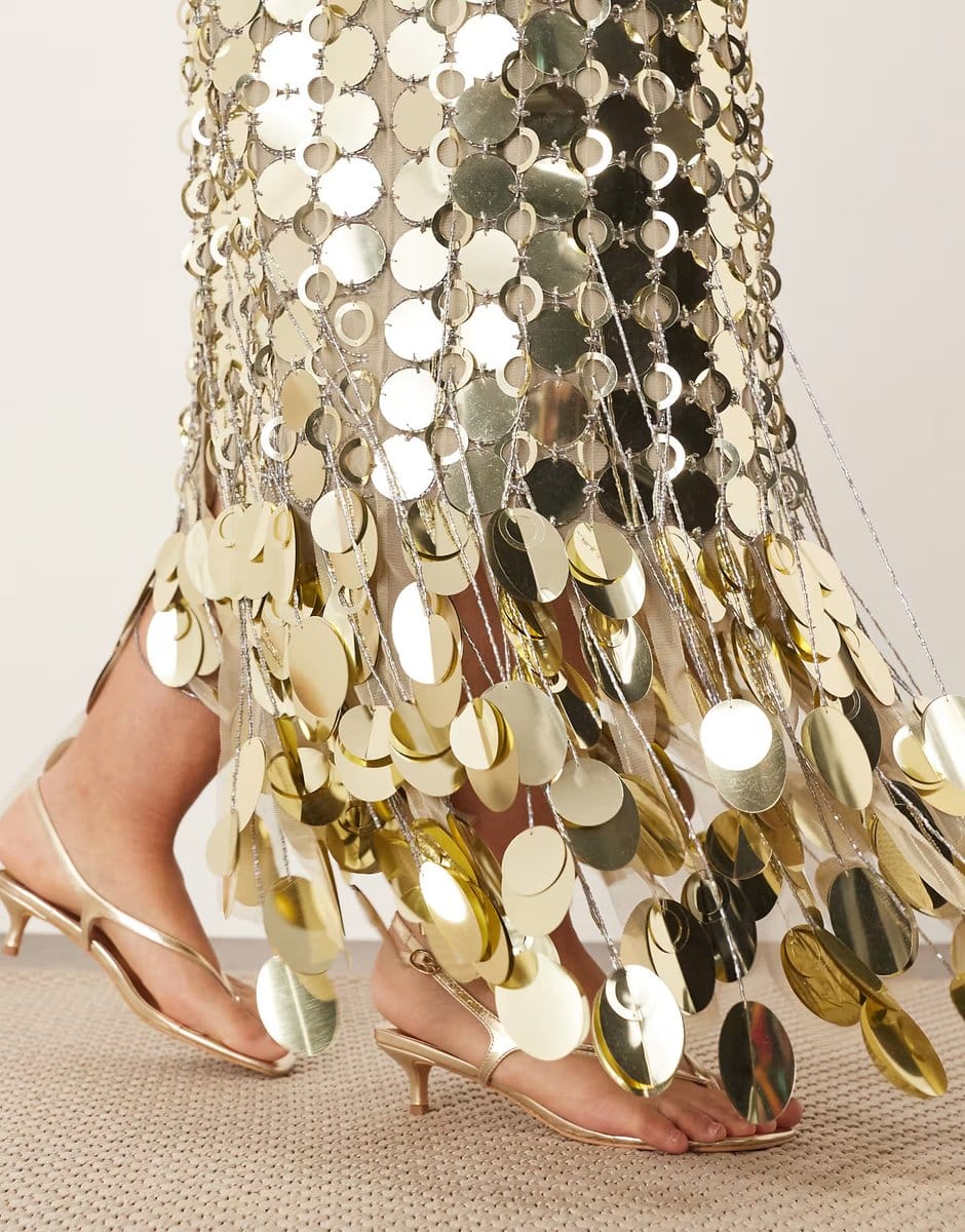 ASOS ARRANGE Curve futurist sequin embellished fringe hem midi skirt in gold - 4
