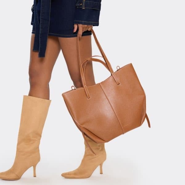 EGO EGO Seam Detail Shaped Shoulder Bag in Tan Faux Leather