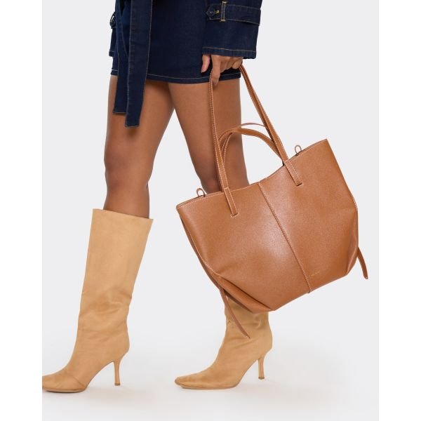 EGO Stark Seam Detail Shaped Shoulder Bag In Tan Faux Leather, Women's Size UK One Size - 2