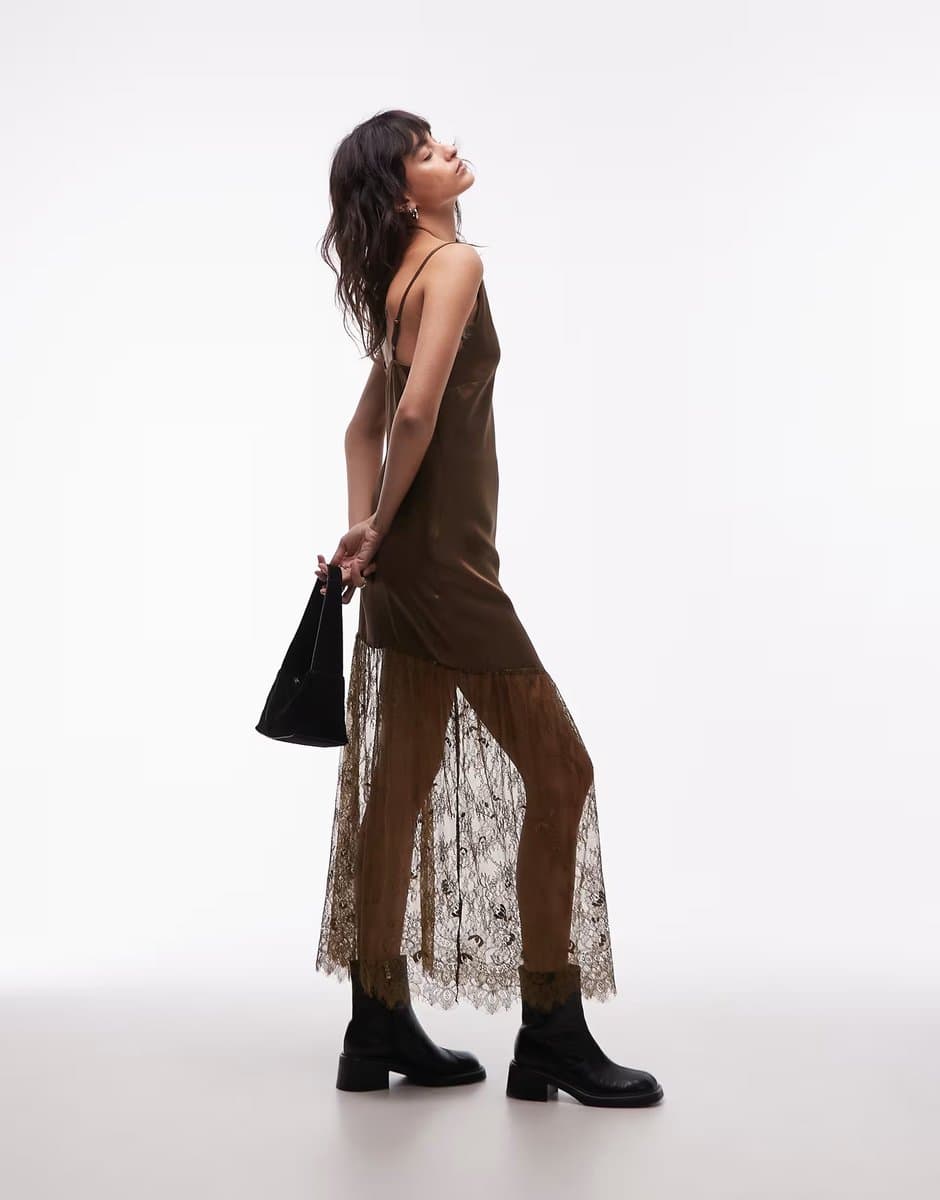 ASOS ASOS DESIGN v neck satin slip maxi dress with lace skirt in dark olive