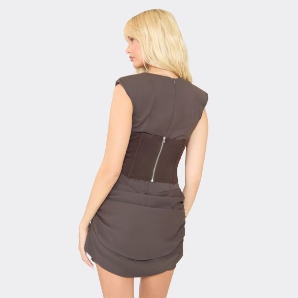 EGO Shoulder Pad Corset Drape Detail Mini Dress In Chocolate Brown, Women's Size UK 8 - 2