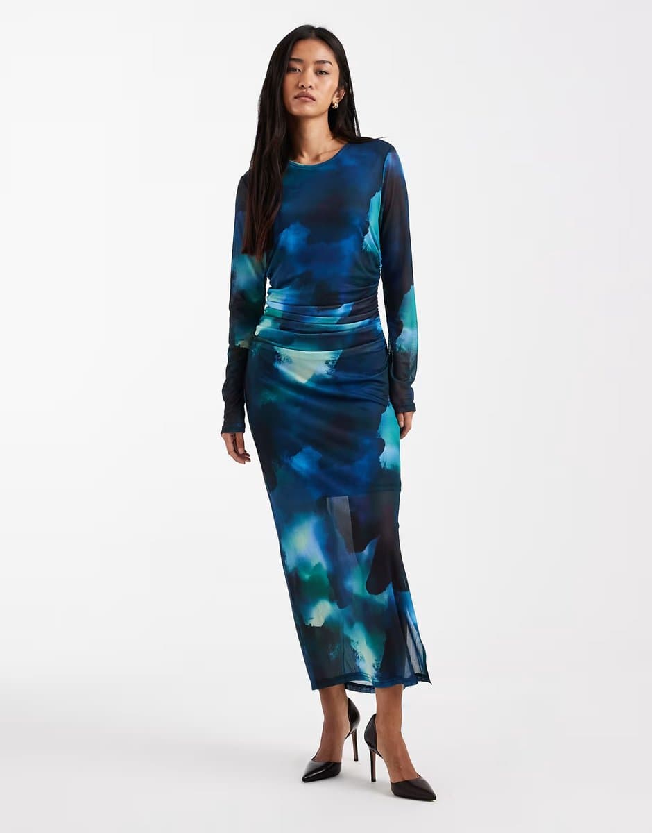 ASOS Object watercolour print maxi dress with ruched waist in blue tones