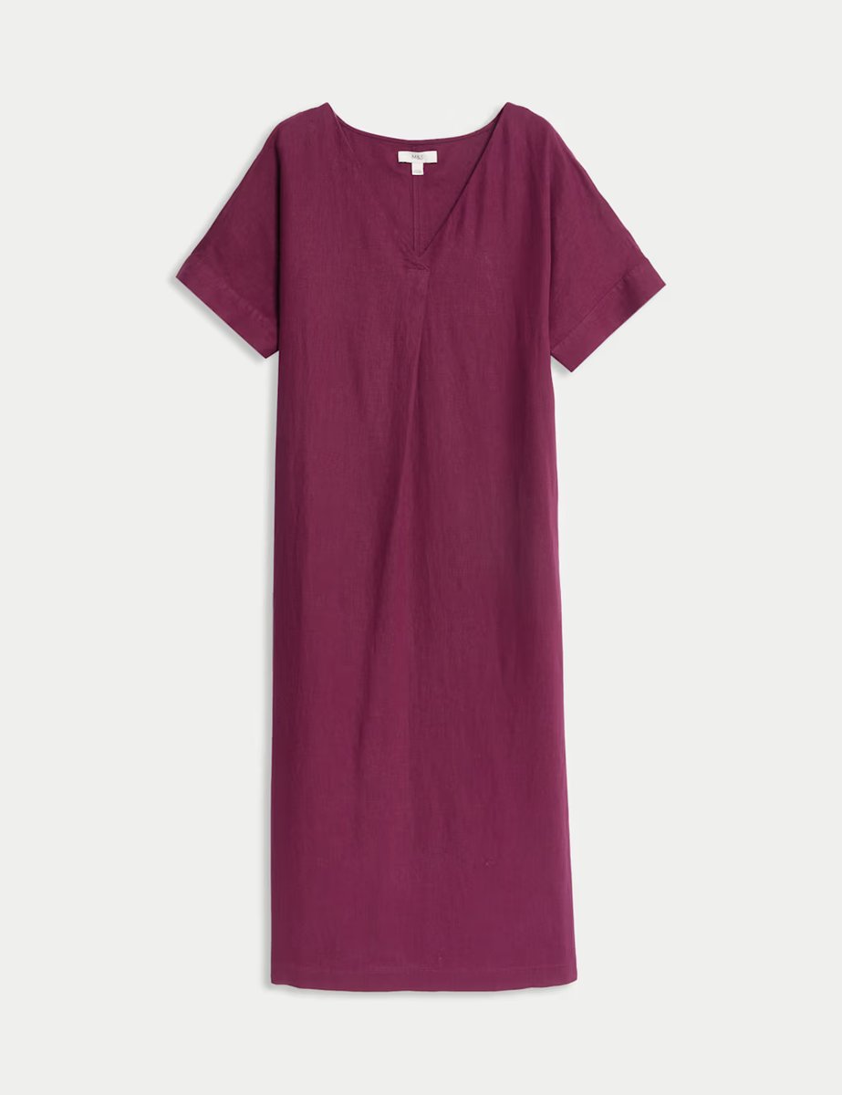 Marks & Spencer M&S Linen Rich V-Neck Popover Midi Dress Dark Raspberry - 2
