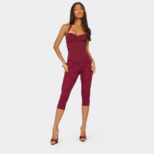 EGO Mid Rise Capri Trousers In Burgundy Lace, Women's Size UK 6