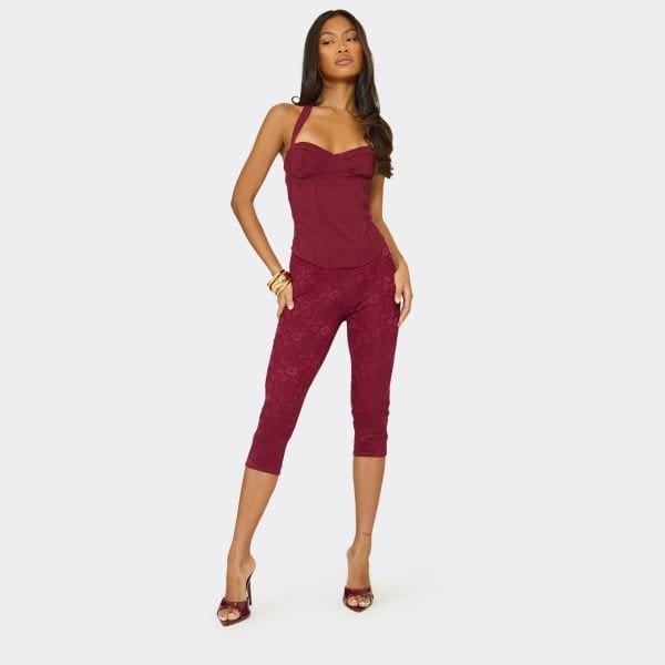 EGO Mid Rise Capri Trousers In Burgundy Lace, Women's Size UK 6 - 1