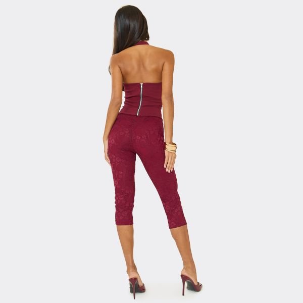 EGO Mid Rise Capri Trousers In Burgundy Lace, Women's Size UK 6 - 2