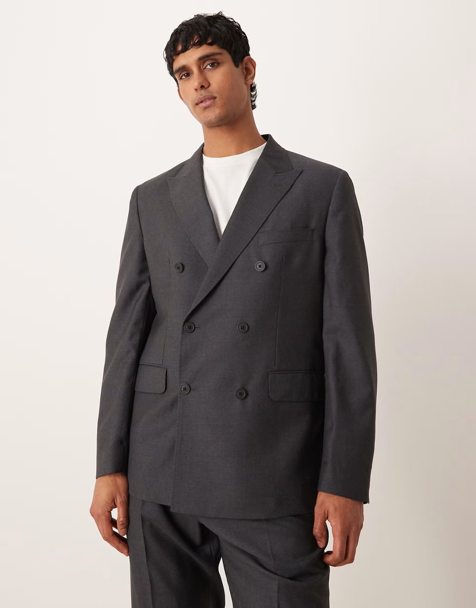 ASOS Mango siena premium 100% wool double breasted suite blazer in charcoal - 2