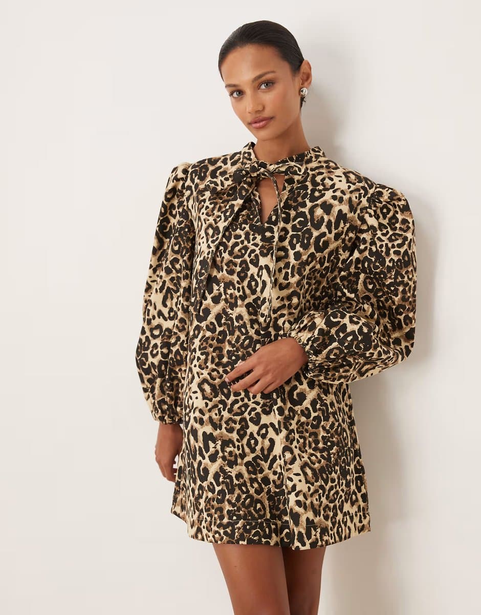 ASOS Sister Jane Mirage pure cotton denim volume sleeve mini dress in leopard print