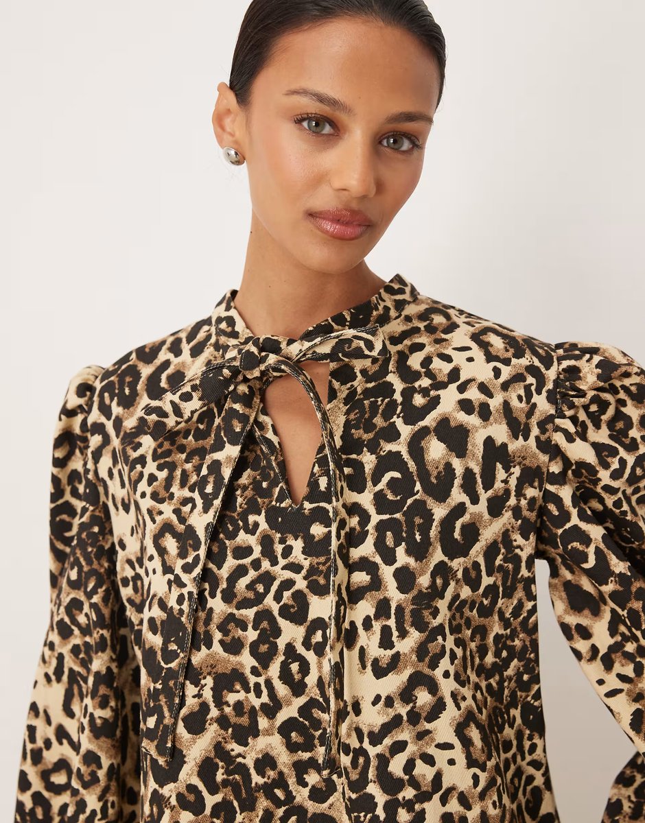 ASOS Sister Jane Mirage pure cotton denim volume sleeve mini dress in leopard print - 4