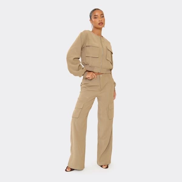 EGO Mid Rise Pocket Detail Wide Leg Trousers In Taupe, Women's Size UK 6 - 1