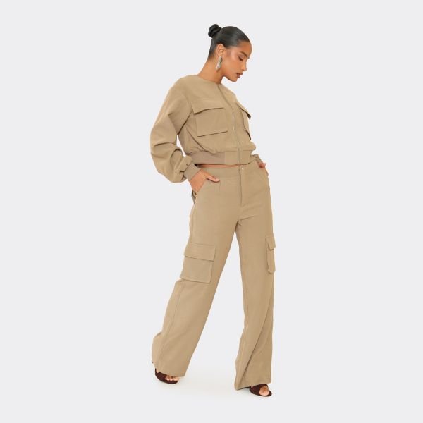 EGO Mid Rise Pocket Detail Wide Leg Trousers In Taupe, Women's Size UK 6 - 2