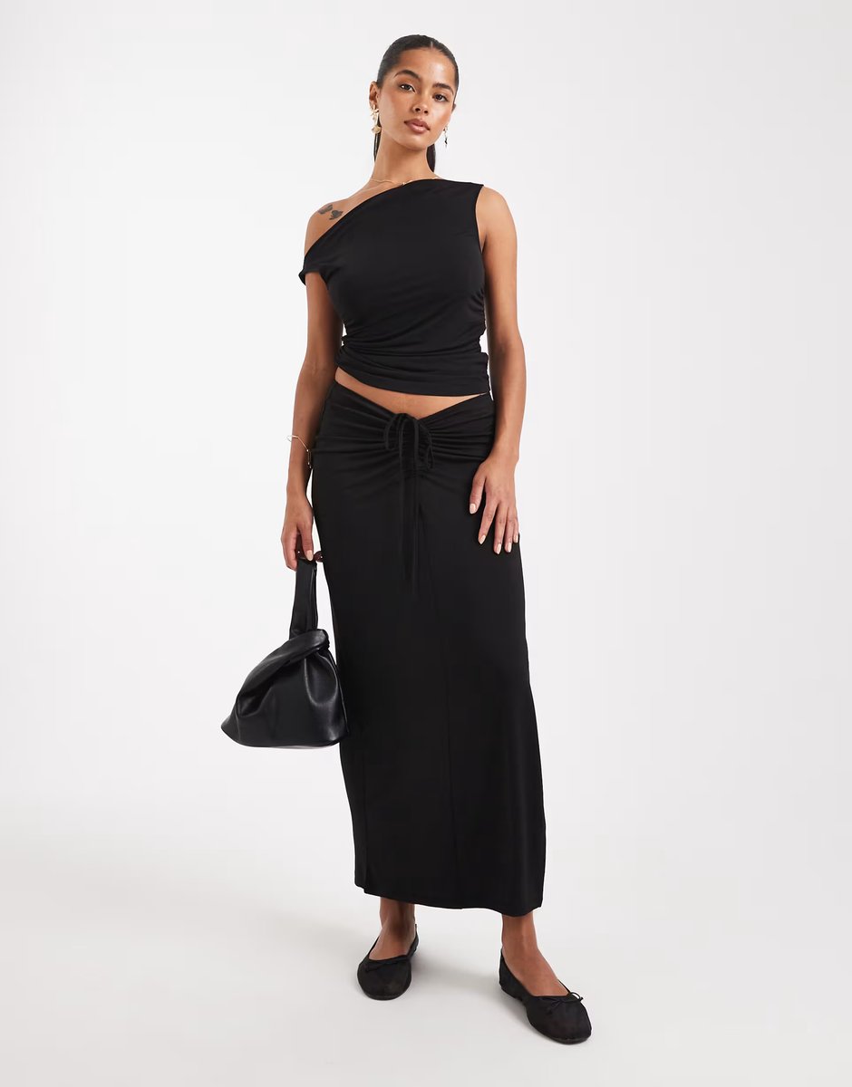 ASOS Vero Moda slinky sleevless slash neck tank top and ruched front maxi skirt set in black - 1