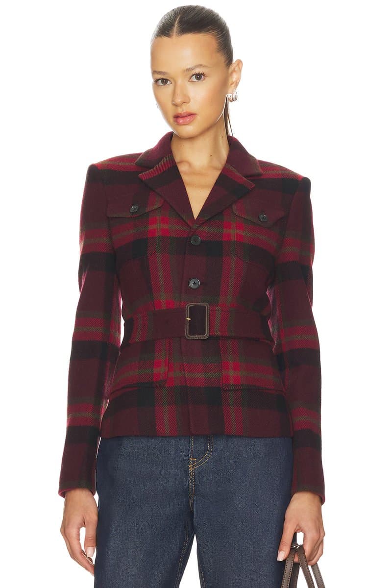 revolve Revolve Belted Tweed Jacket with Plaid Pattern in Red