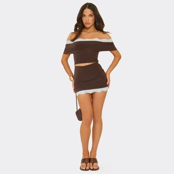EGO Mid Waist Lace Trim Mini Skirt In Chocolate Brown Slinky, Women's Size UK 6